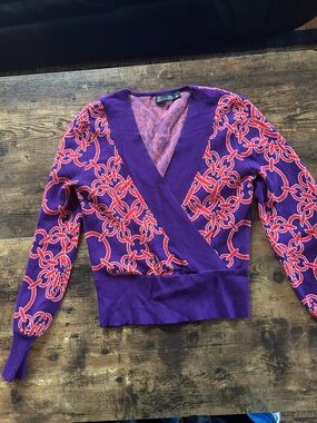 New York & Company Purple V-Neck Wrap Sweater with Pink Chain Pattern